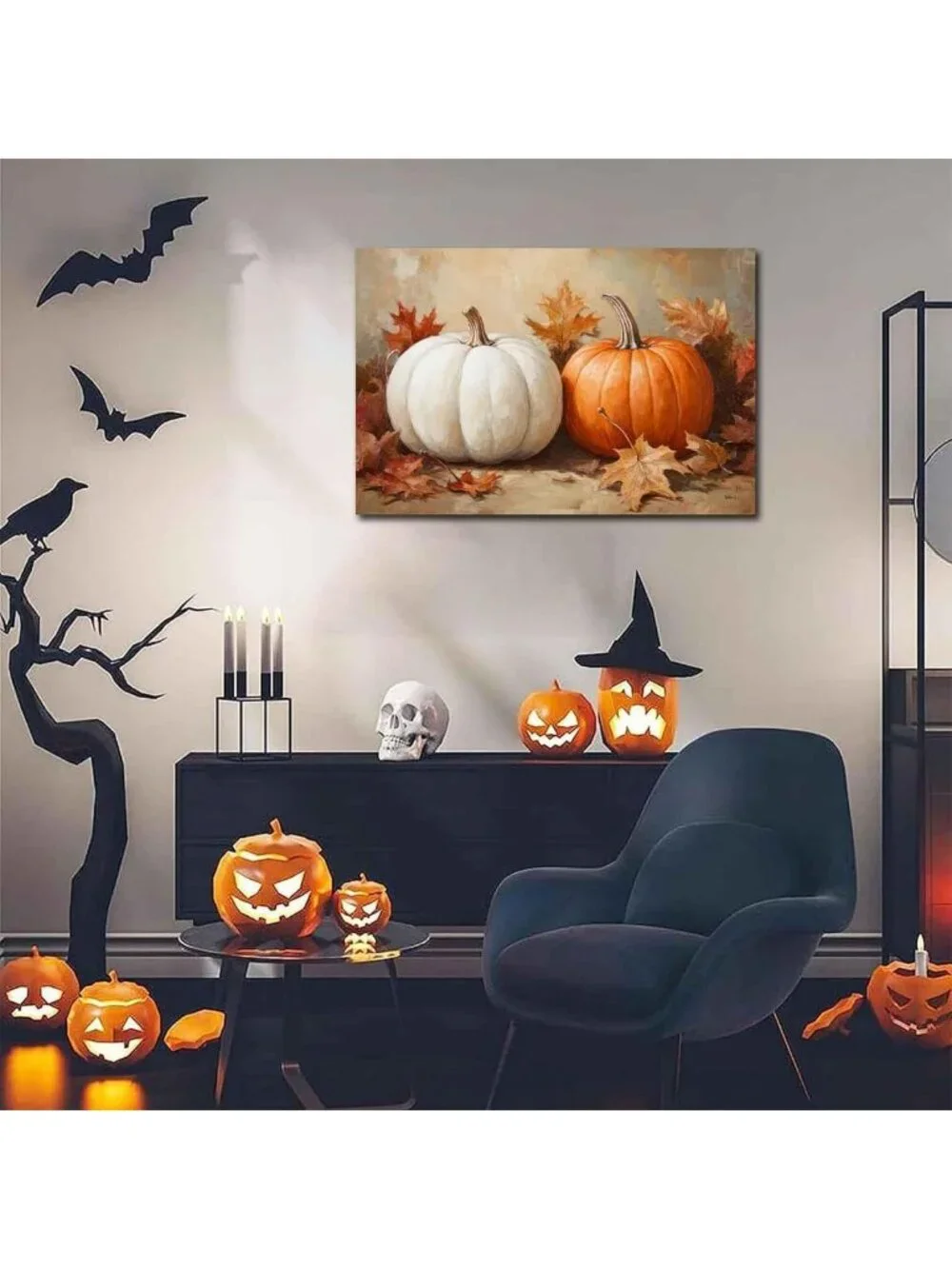 Rustic Fall Pumpkins & Leaves Wall Art Decor | Autumn Harvest Canvas Print 24x36